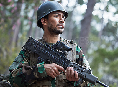 Buy stock photo Veteran, army and man with gun for forest training, outdoor shooting range and military mission, search and focus. Rifle, soldier or young person in woods or nature with battlefield gear and vision