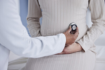 Buy stock photo Pregnant, woman and hands of doctor in exam for pregnancy checkup, tummy or patient at the hospital. Female person, medical or healthcare professional checking stomach in maternity at the clinic
