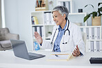 Video call, doctor and woman for online meeting, virtual support or clinic and healthcare service on computer. Happy medical worker or senior person on laptop for telehealth help and advice in office