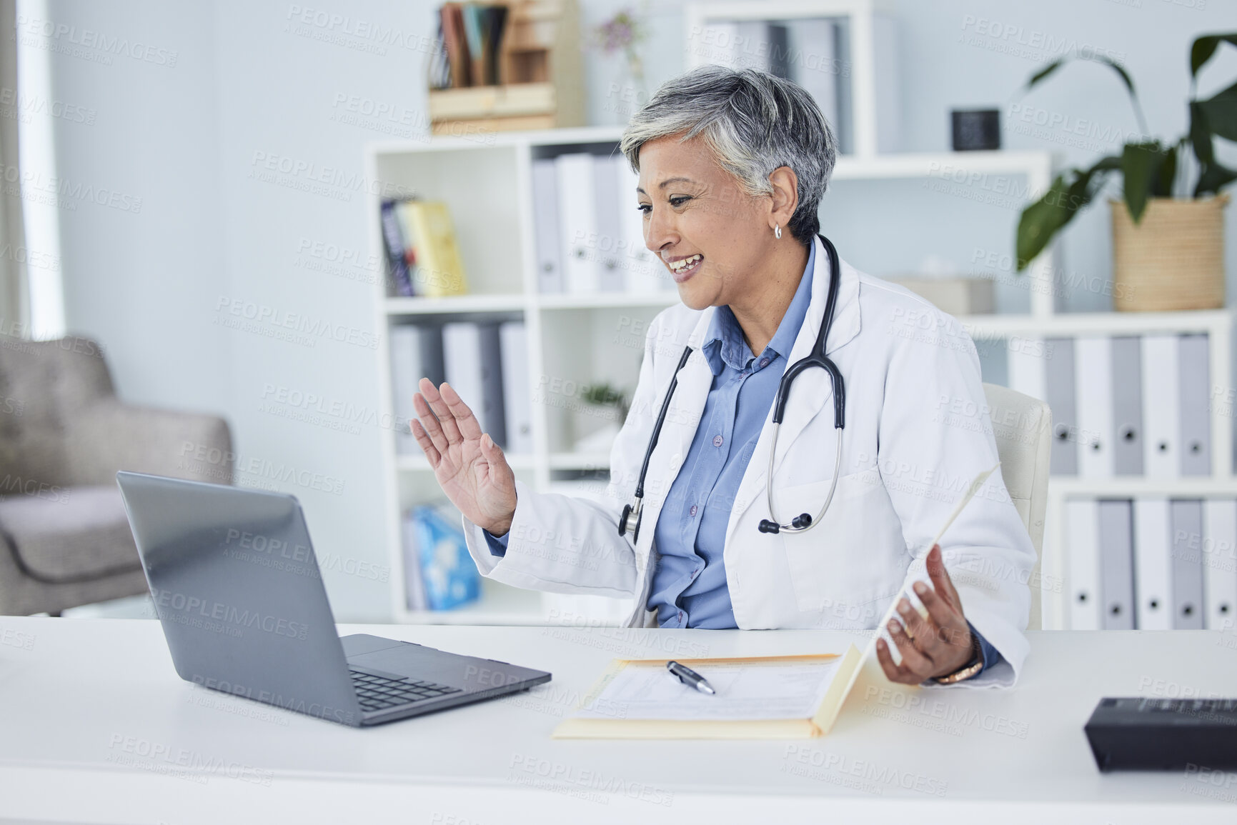 Buy stock photo Video call, doctor and woman for online meeting, virtual support or clinic and healthcare service on computer. Happy medical worker or senior person on laptop for telehealth help and advice in office