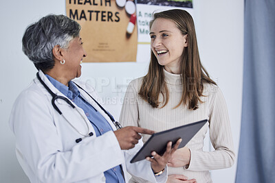 Buy stock photo Pregnant woman, doctor and tablet for happy results, gynecology service and healthcare news, exam or progress. Medical gynecologist, nurse or people for pregnancy, digital technology or growth check