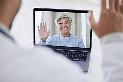Buy stock photo Video call, screen and doctor for virtual support, clinic consultation and healthcare service on laptop. Happy senior patient, medical worker or people wave hello on laptop, telehealth help or advice