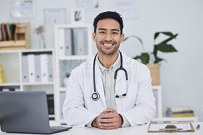 Buy stock photo Doctor, portrait and man in healthcare office for consultation, support and services with management and insurance. Happy face of medical worker or asian person consulting in clinic or hospital