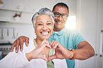 Heart hands, love and smile with portrait of old couple for support, happy and relax. Happiness, kindness and peace with senior man and woman and gesture at home for embrace, trust and retirement