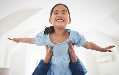 Buy stock photo Airplane, game and portrait of girl child with father in a living room with love, bonding and having fun in their home. Flying, playing and face of happy kid with parent in a lounge with fantasy