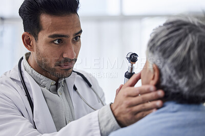Buy stock photo Man, doctor or old woman in eye test assessment in clinic for healthcare, wellness or vision examination. Patient, visual or client testing a mature optician or optometrist in optometry consultation 