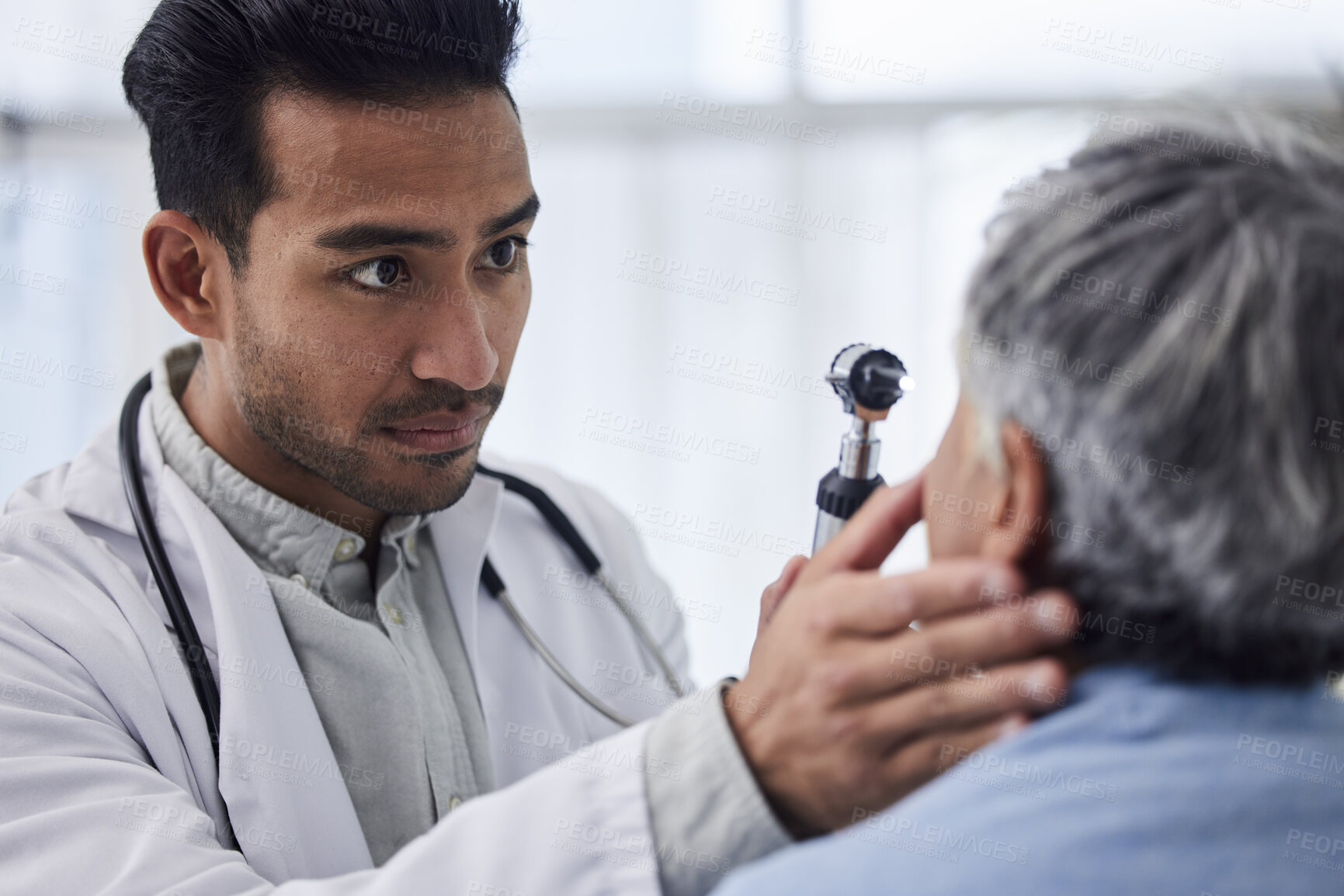 Buy stock photo Man, doctor or old woman in eye test assessment in clinic for healthcare, wellness or vision examination. Patient, visual or client testing a mature optician or optometrist in optometry consultation 