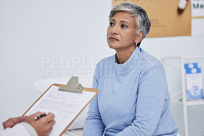 Buy stock photo Clipboard, consulting and doctor with patient for healthcare support, elderly exam and insurance policy in hospital. Listening, writing and medical professional, documents and elderly woman in advice