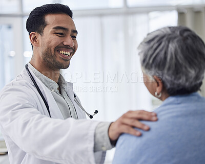 Buy stock photo Happy asian man, doctor and patient for consultation, checkup or healthcare appointment at the hospital. Male person or medical professional consulting woman for health advice or help at the clinic
