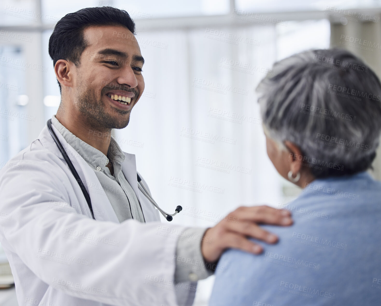 Buy stock photo Happy asian man, doctor and patient for consultation, checkup or healthcare appointment at the hospital. Male person or medical professional consulting woman for health advice or help at the clinic