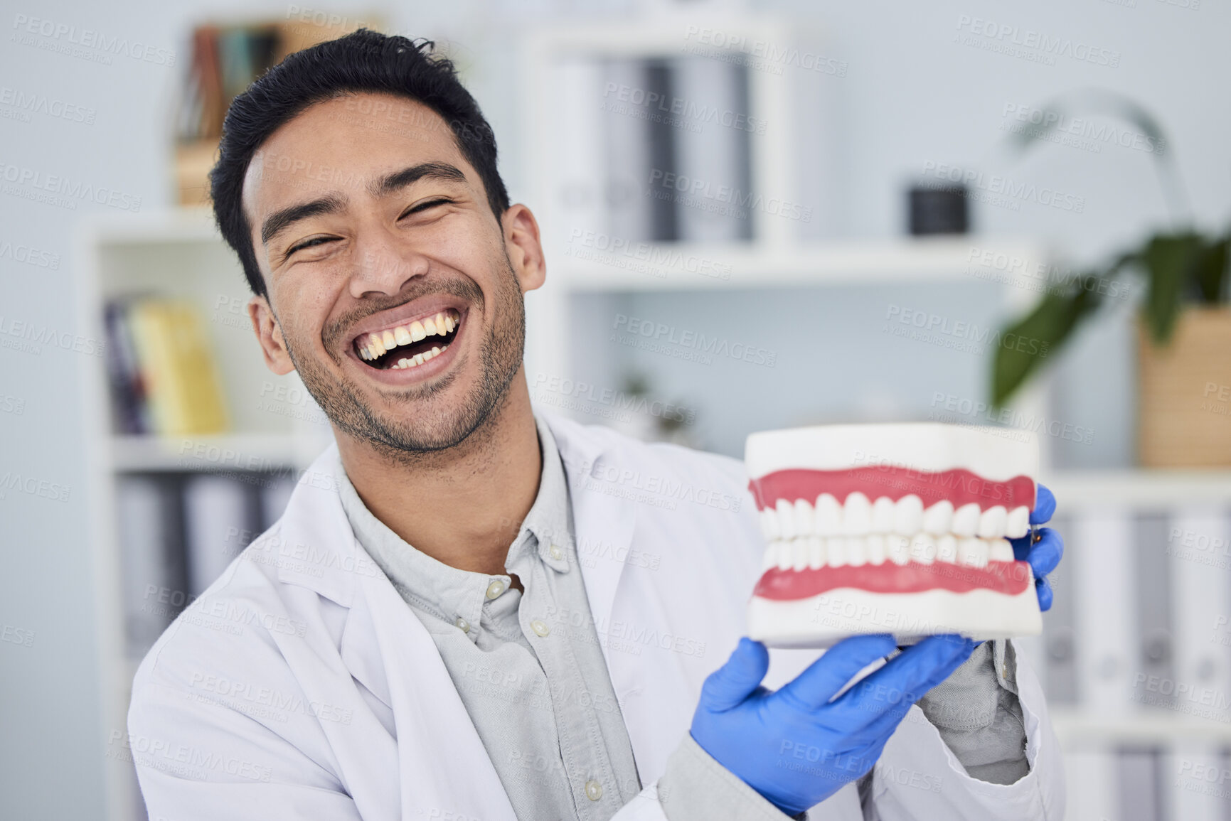 Buy stock photo Happy asian man, dentist and teeth for dental care, veneers or healthcare at hospital. Portrait of male person or medical expert with big smile in happiness for oral, mouth and gum health at clinic