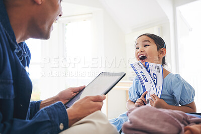 Buy stock photo Happy little girl, father and tablet with tickets for travel, vacation or holiday getaway together at home. Dad and excited daughter, child or kid and boarding pass for weekend journey or flight trip