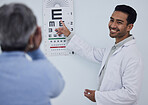 Happy asian man, doctor and eye exam with patient for testing vision, sight or consultation at the hospital. Male person, medical or healthcare professional consulting or helping client with eyesight