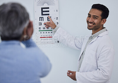 Buy stock photo Happy asian man, doctor and eye exam with patient for testing vision, sight or consultation at the hospital. Male person, medical or healthcare professional consulting or helping client with eyesight