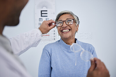Buy stock photo Glasses, doctor or happy old woman in eye test assessment for healthcare, wellness or vision examination. Smile, visual or mature client testing a optician or optometrist in optometry consultation 