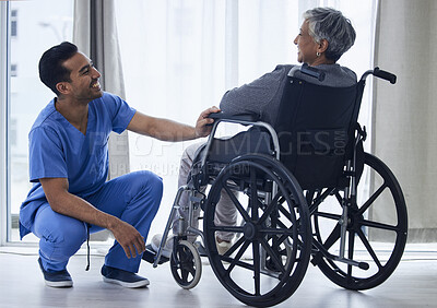 Buy stock photo Nurse, wheelchair and happy woman with support, healthcare service and medical kindness or nursing. Doctor, caregiver and people laugh or senior patient with disability, consulting or helping at home