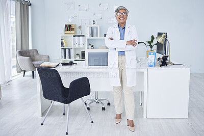 Buy stock photo Happy senior woman, doctor and arms crossed in confidence of healthcare consultant at the office. Portrait of confident and mature female person or medical professional ready for health consultation