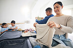 Travel, luggage packing and home with family and holiday suitcase with mom, dad and children. House, bag and helping in a bedroom for vacation and journey with mother, father and kids together by bed