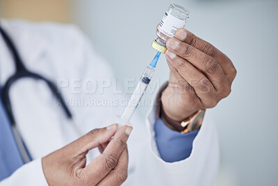 Buy stock photo Woman, hands and doctor with syringe in vial for cure, vaccine or medication at hospital. Closeup of female person, medical or healthcare professional with needle, drug or sample for dosage at clinic