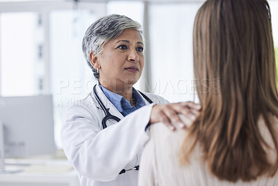 Buy stock photo Sad, empathy and consulting with doctor and patient in hospital for news, cancer and support. Medical, healthcare and medicine with woman and expert in clinic for wellness, advice and mental health