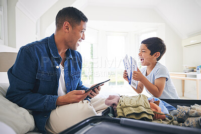 Buy stock photo Plane ticket, luggage and father with excited family and holiday suitcase with dad and son. Home, bag and helping in a bedroom for vacation and packing with papa and boy kid together with a smile