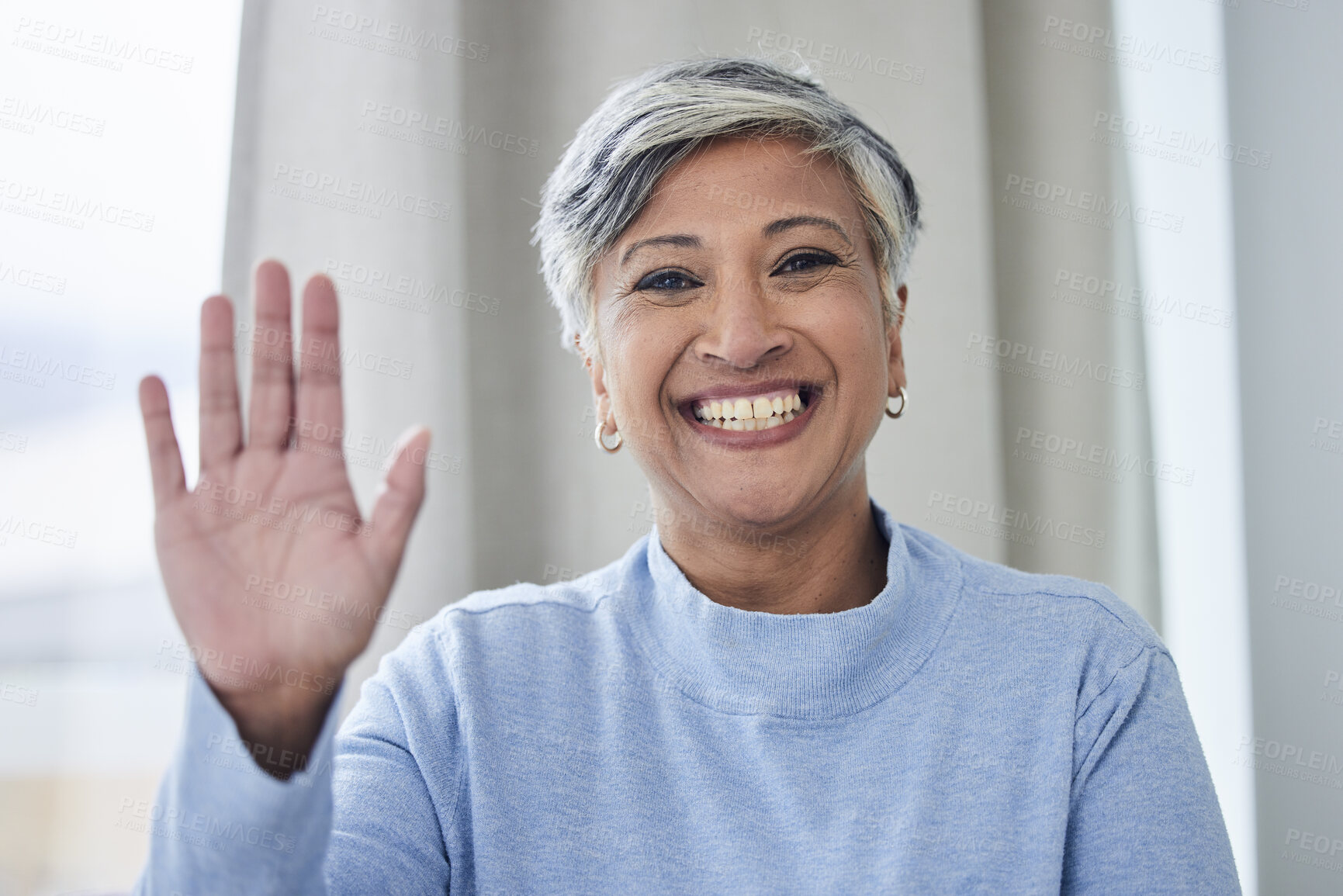 Buy stock photo Wave, smile and portrait of old woman and video call for communication, contact and social media. Hello, happy and networking with face of senior person at home for profile picture and retirement