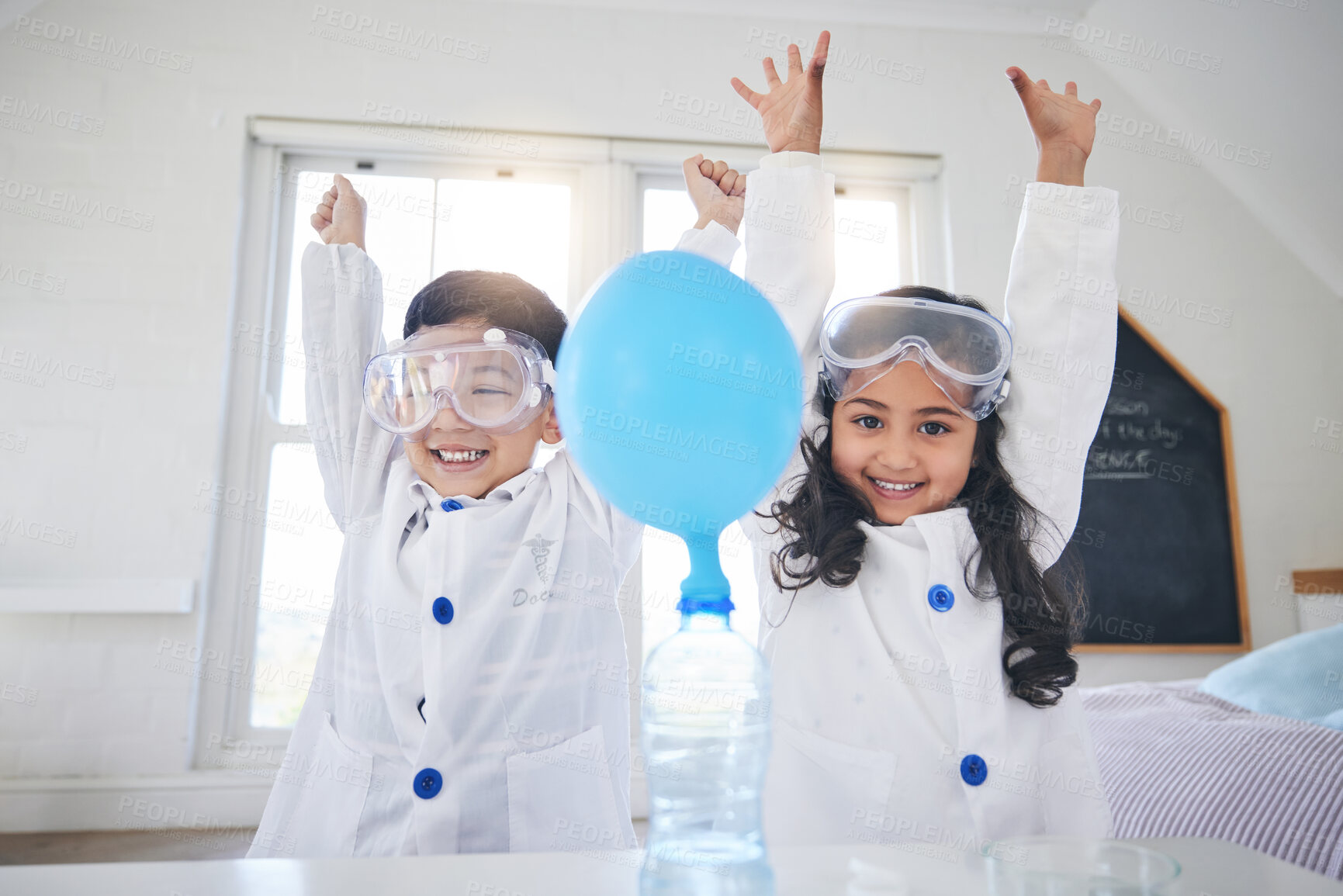 Buy stock photo Portrait, children science and siblings winning in a home with a balloon for education, learning or experiment. Wow, motivation or celebration with happy boy and girl scientist in success or surprise