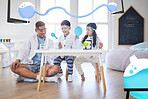 Family, science and father with kids in living room with balloon for chemistry, reaction or experiment. Physics, test and parent with children in lounge and bottle for learning, analysis and teaching