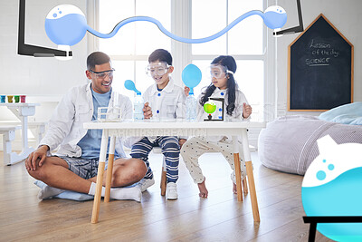 Buy stock photo Family, science and father with kids in living room with balloon for chemistry, reaction or experiment. Physics, test and parent with children in lounge and bottle for learning, analysis and teaching