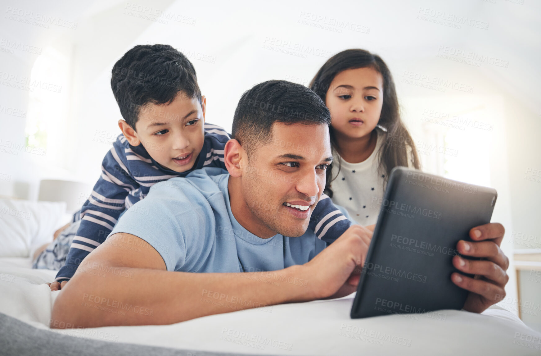 Buy stock photo Father, children and tablet, games or cartoon streaming online with internet, bonding and people relax together in bedroom. Watch animation film, man and kids at home with connection and subscription