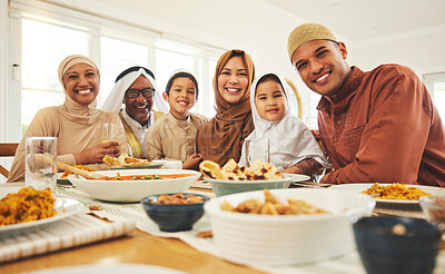 Buy stock photo Food, portrait and muslim with big family at table for eid mubarak, Islamic celebration and lunch. Ramadan festival, culture and iftar with people eating at home for fasting, holiday and religion