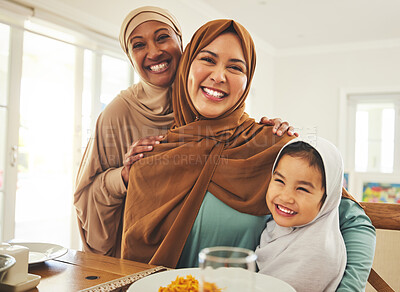 Buy stock photo Food, happy and muslim with portrait of big family at table for eid mubarak, Islamic celebration and lunch. Ramadan festival, culture and iftar with people at home for fasting, holiday and religion