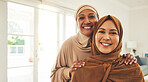 Happy portrait, senior mother and muslim daughter, family or women bonding, smile and enjoy quality time together. Love, face and elderly mom, Islamic woman or Arabic people in Dubai holiday home