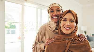 Buy stock photo Happy portrait, senior mother and muslim daughter, family or women bonding, smile and enjoy quality time together. Love, face and elderly mom, Islamic woman or Arabic people in Dubai holiday home