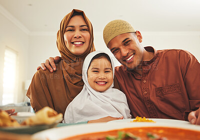 Buy stock photo Food, happy and muslim with portrait of family at table for eid mubarak, Islamic celebration and lunch. Ramadan festival, culture and iftar with people eating at home for fasting, religion or holiday