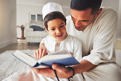 Buy stock photo Quran, Muslim dad or happy child praying for worship, muslim pray and faith in Allah, god or holy spirit. Child development, home family or Islam father teaching boy, study and reading spiritual book