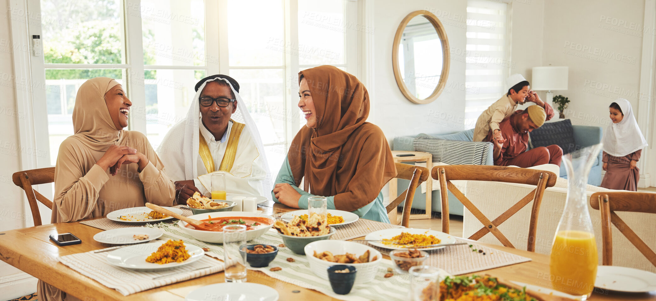 Buy stock photo Food, relax and muslim with big family at table for eid mubarak, Islamic celebration and lunch. Ramadan festival, culture and iftar with people eating at home for fasting, islam and religion holiday