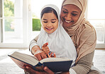 Quran, Muslim child or happy grandmother reading for learning, Islamic knowledge and hope in Allah, god or culture. Religion book, home or senior Arab woman teaching kid worship, respect or gratitude