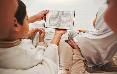 Quran, Muslim children and parents reading, learning and help kids with religion prayer, Islamic study and faith in Allah. Spiritual book, home or people teaching, support and youth child pray to God
