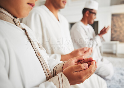 Buy stock photo Prayer, muslim and dua with hands of family on living room floor for eid mubarak, God and worship. Quran, islamic and Ramadan with spiritual people praying at home for faith, religion and gratitude