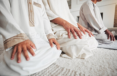 Buy stock photo Prayer, muslim and islamic with hands of family on living room floor for eid mubarak, God and worship. Quran, hope and Ramadan with spiritual people praying at home for faith, religion and gratitude