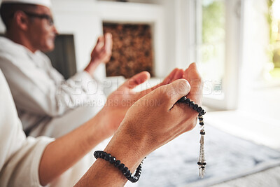 Buy stock photo Muslim pray, beads and hands, Islamic faith with worship and trust in God with peace and religion. Trust, spiritual and Islam with gratitude, respect and people praying in the Mosque with devotion
