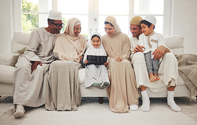Buy stock photo Happy family, Muslim parents or kids with tablet for elearning, Islamic info or studying in Allah or God. Grandparents, father or Arab mom with kids reading online ebook on worship prayer at home 