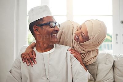 Buy stock photo Home portrait, Muslim and elderly couple laughing at funny conversation, humour and care in retirement, bonding or marriage. Happiness, Love or Islamic man, woman and senior people laughing at comedy