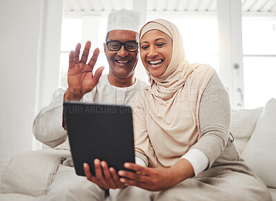 Buy stock photo Tablet video call, Islamic and elderly couple smile, wave hello and speaking on online communication, chat or talk. Contact, Muslim home and senior man, woman and people happy on virtual conversation
