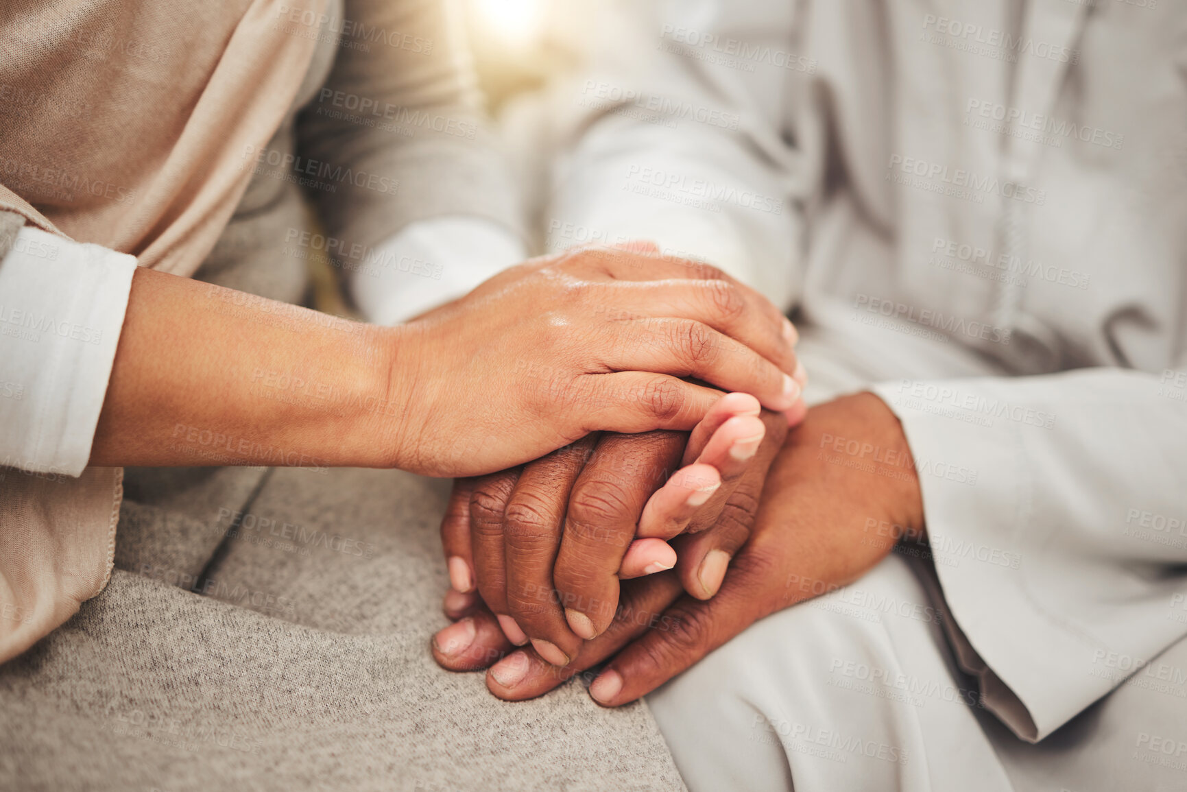 Buy stock photo Holding hands closeup, support and empathy, care and love, solidarity and trust with couple in relationship. Help, comfort and bonding with commitment, people together in partnership and marriage