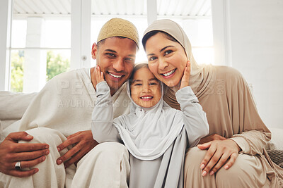 Buy stock photo Portrait of parents, child on sofa and Islam, smile for Eid with mom, dad and daughter with home culture in Indonesia. Muslim man, woman in hijab and kid, happy family at Ramadan on sofa together.