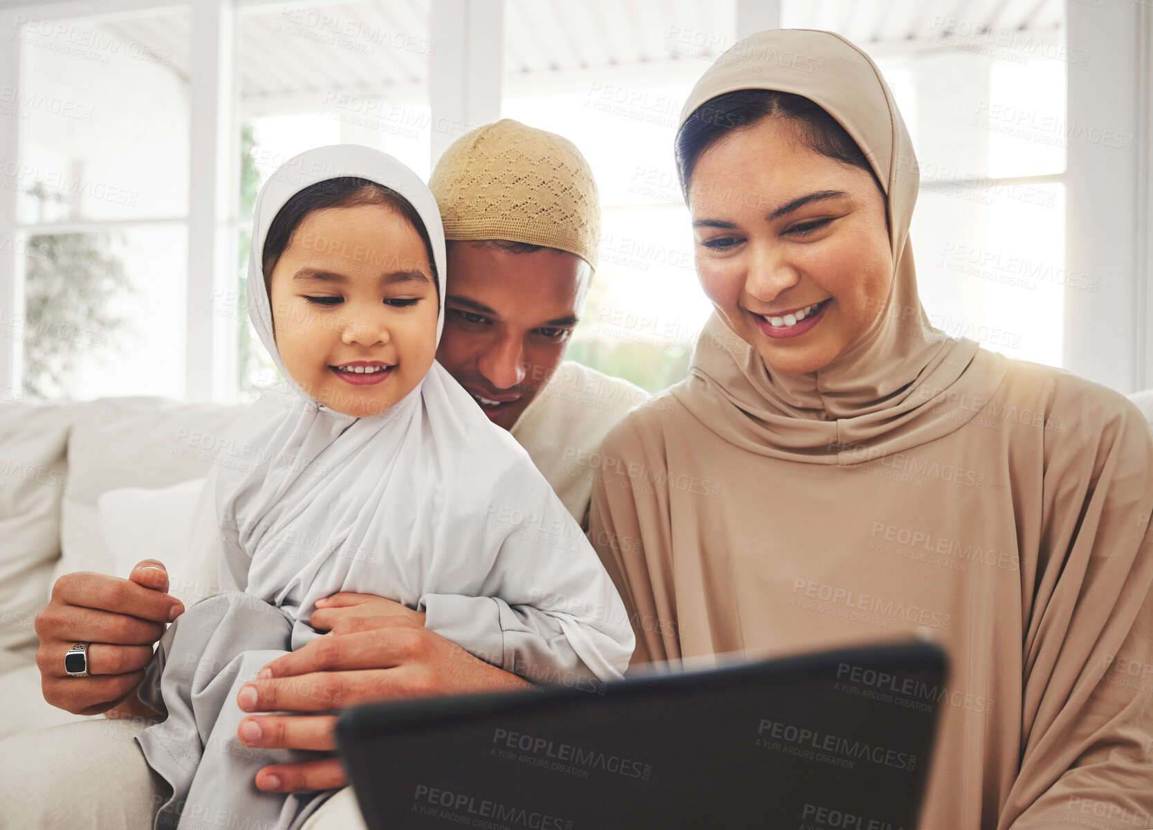 Buy stock photo Happy family, girl or Muslim parents with tablet for elearning, Islamic info or studying in Allah or God. Child development, dad or Arab mom with kid reading online ebook on social media at home 