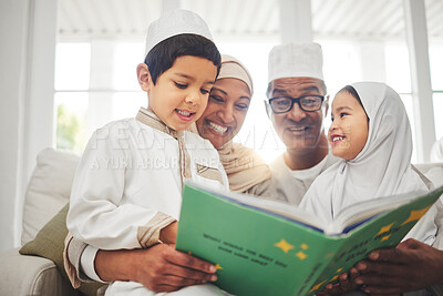 Buy stock photo Happy family, Muslim parents or kids reading book for learning, Islamic info or studying Allah. Support, father or Arab mom teaching lovely children siblings worship, prayer or knowledge at home 