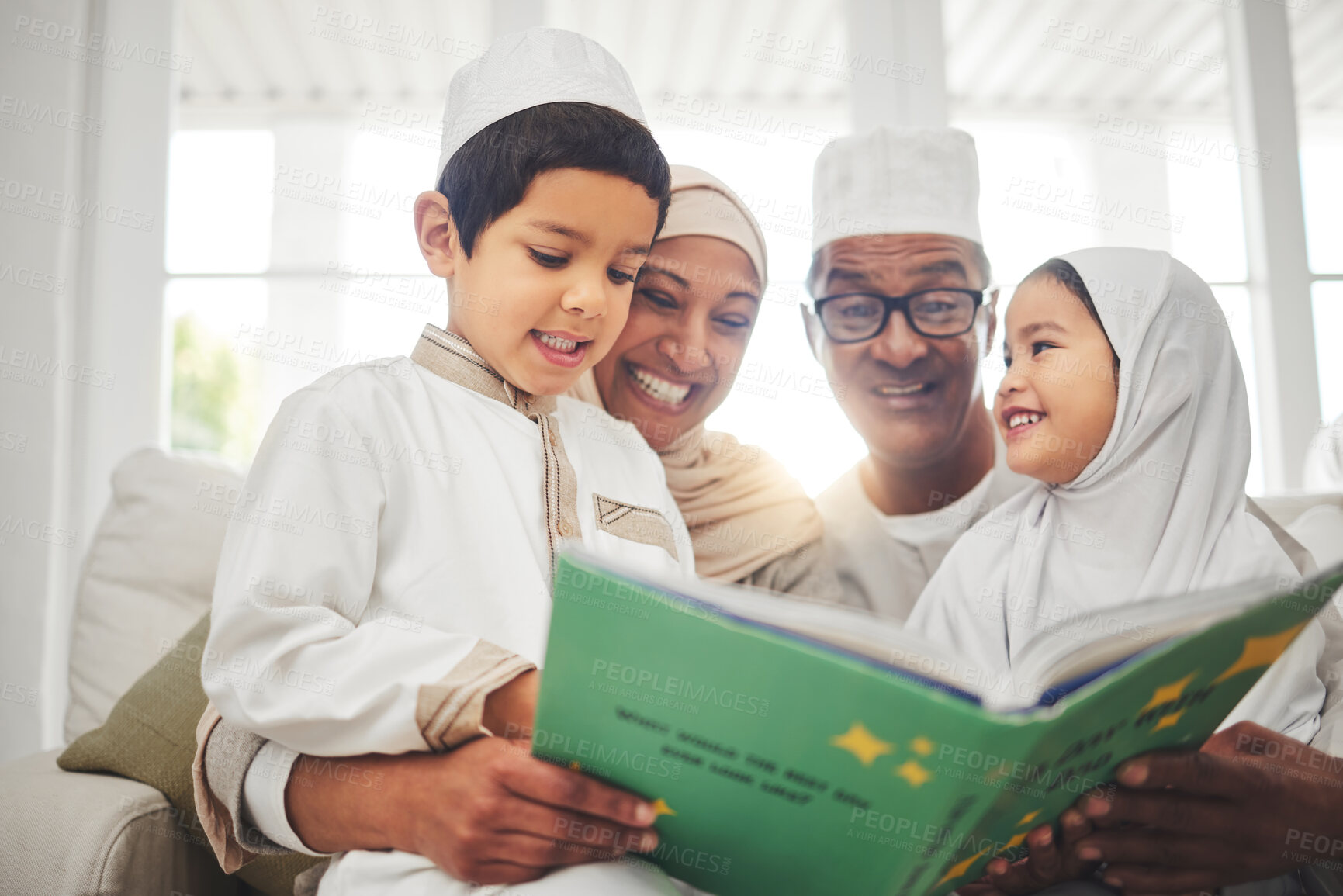 Buy stock photo Happy family, Muslim parents or kids reading book for learning, Islamic info or studying Allah. Support, father or Arab mom teaching lovely children siblings worship, prayer or knowledge at home 